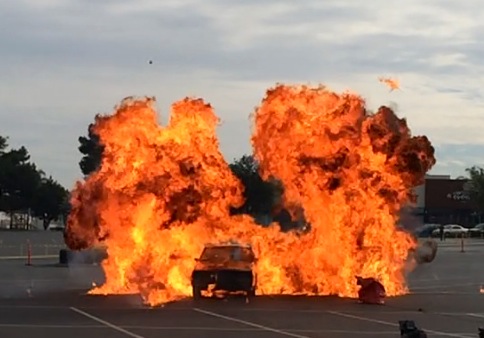 A vehicle driven by Donny passing through a large fireball on the Top Gear USA shoot